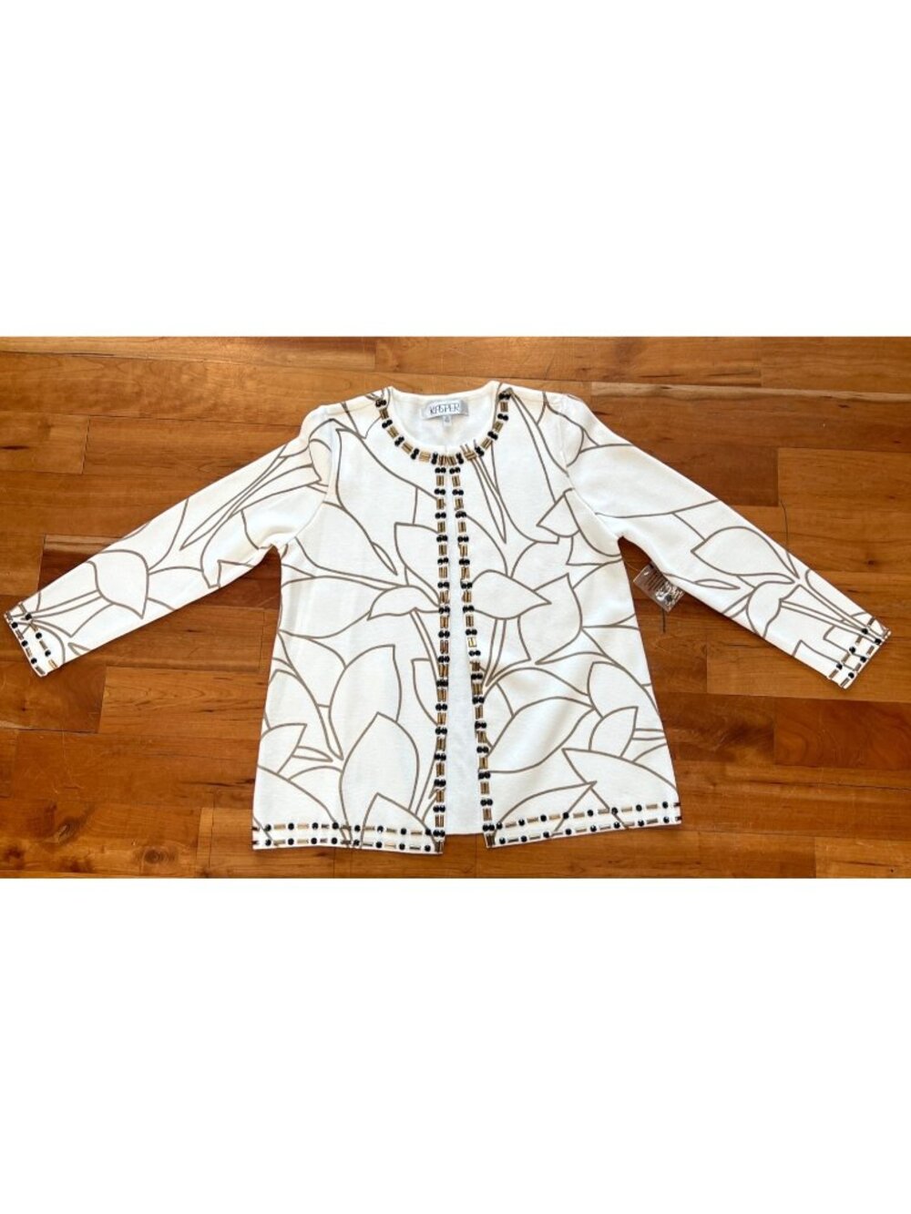 Kasper Womens XS White Cardigan With Beaded Trim & Leaf Print